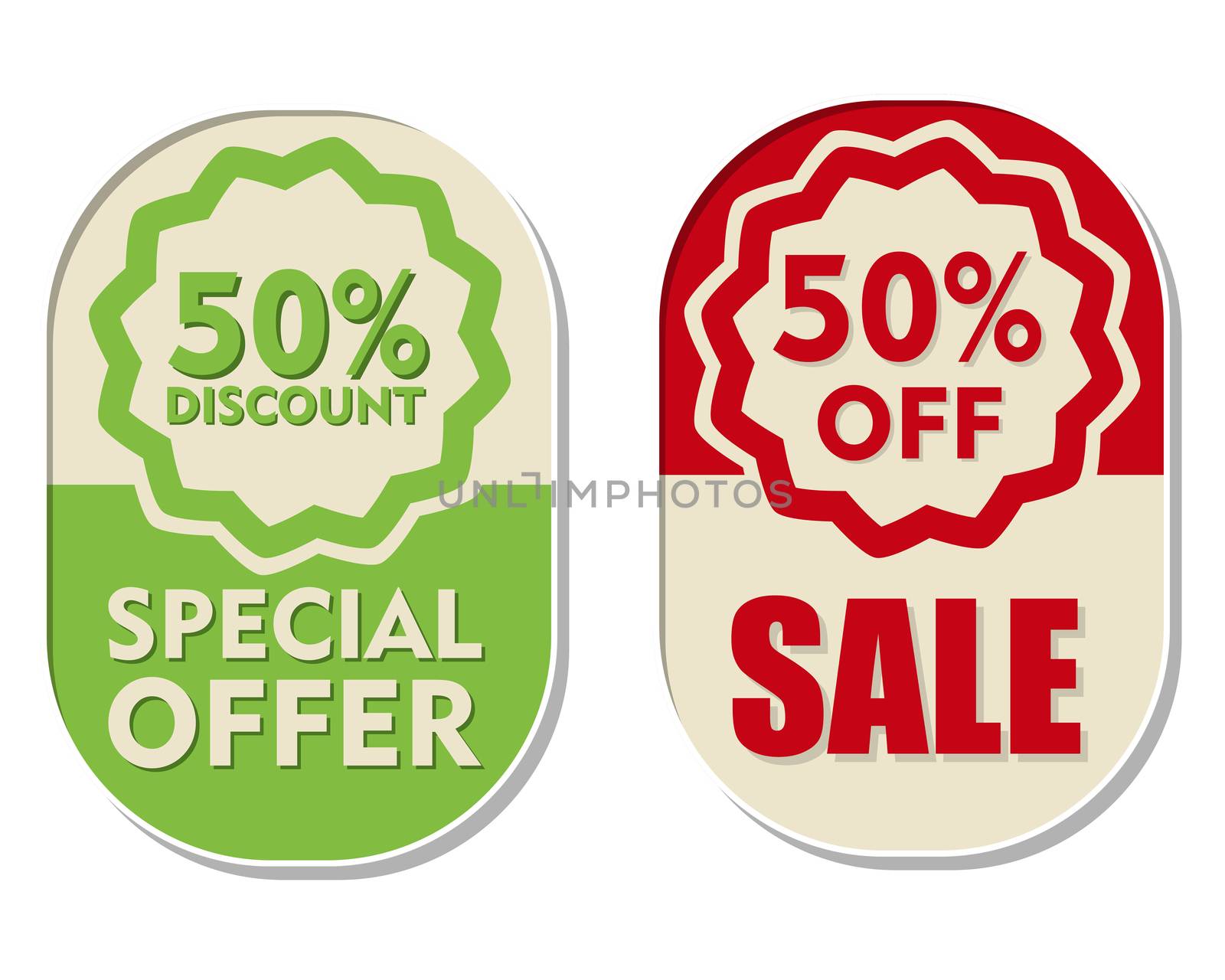 50 percent off discount, sale and special offer text banners, two elliptic flat design labels, business shopping concept