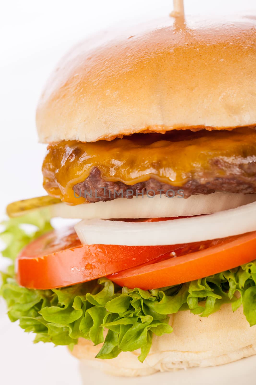 Tasty traditional cheeseburger with a ground beef patty topped with melted cheese and served with onion rings, tomato and curly leaf lettuce on a round white bread roll, close up view