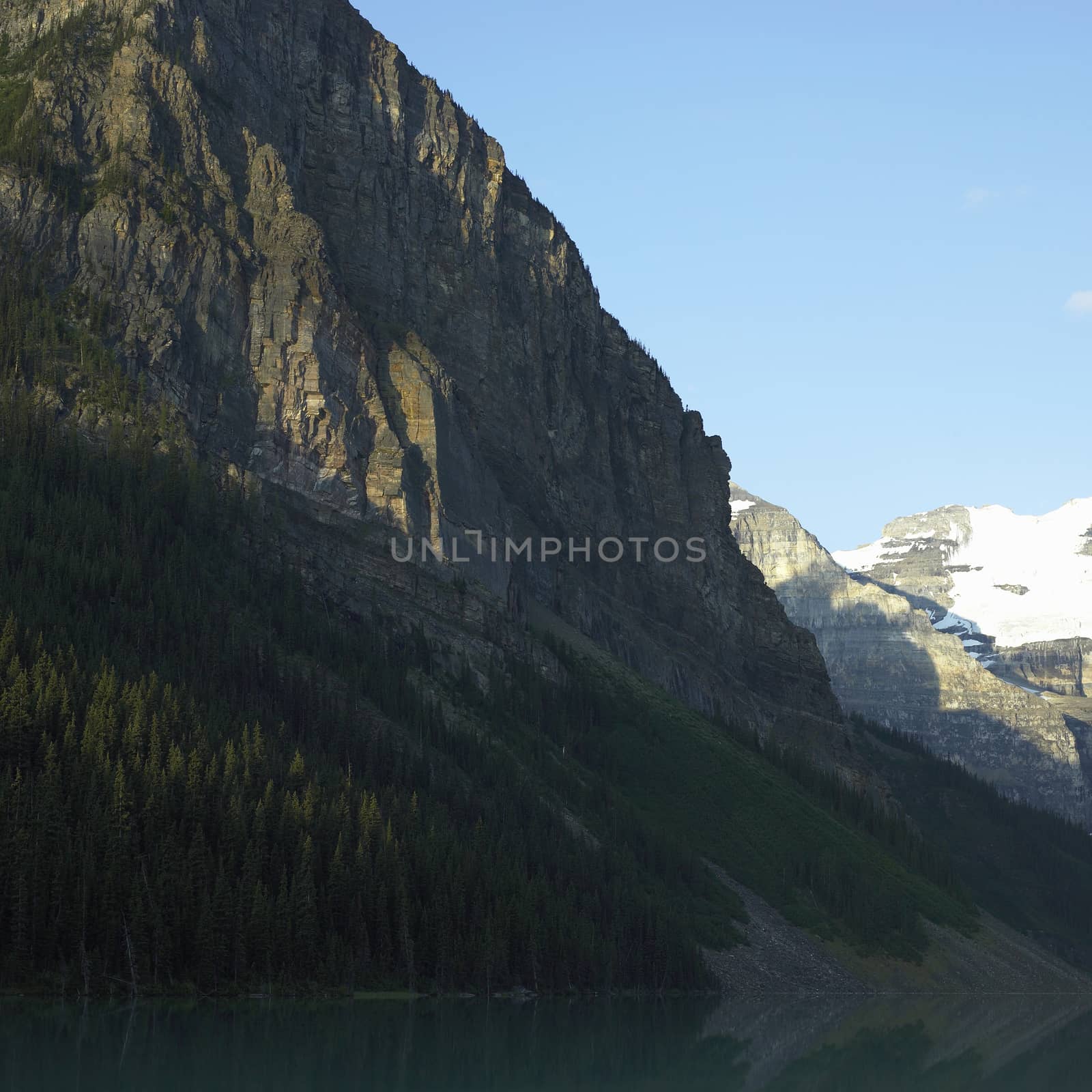 mountains with snow above a calm lake