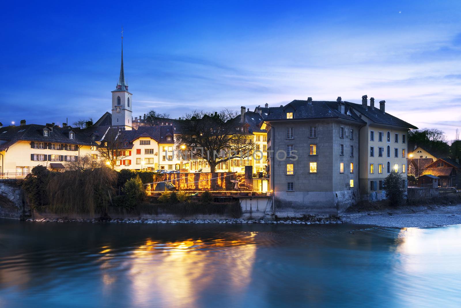 A view of the lower end of old town Bern, Switzerland in the evening.