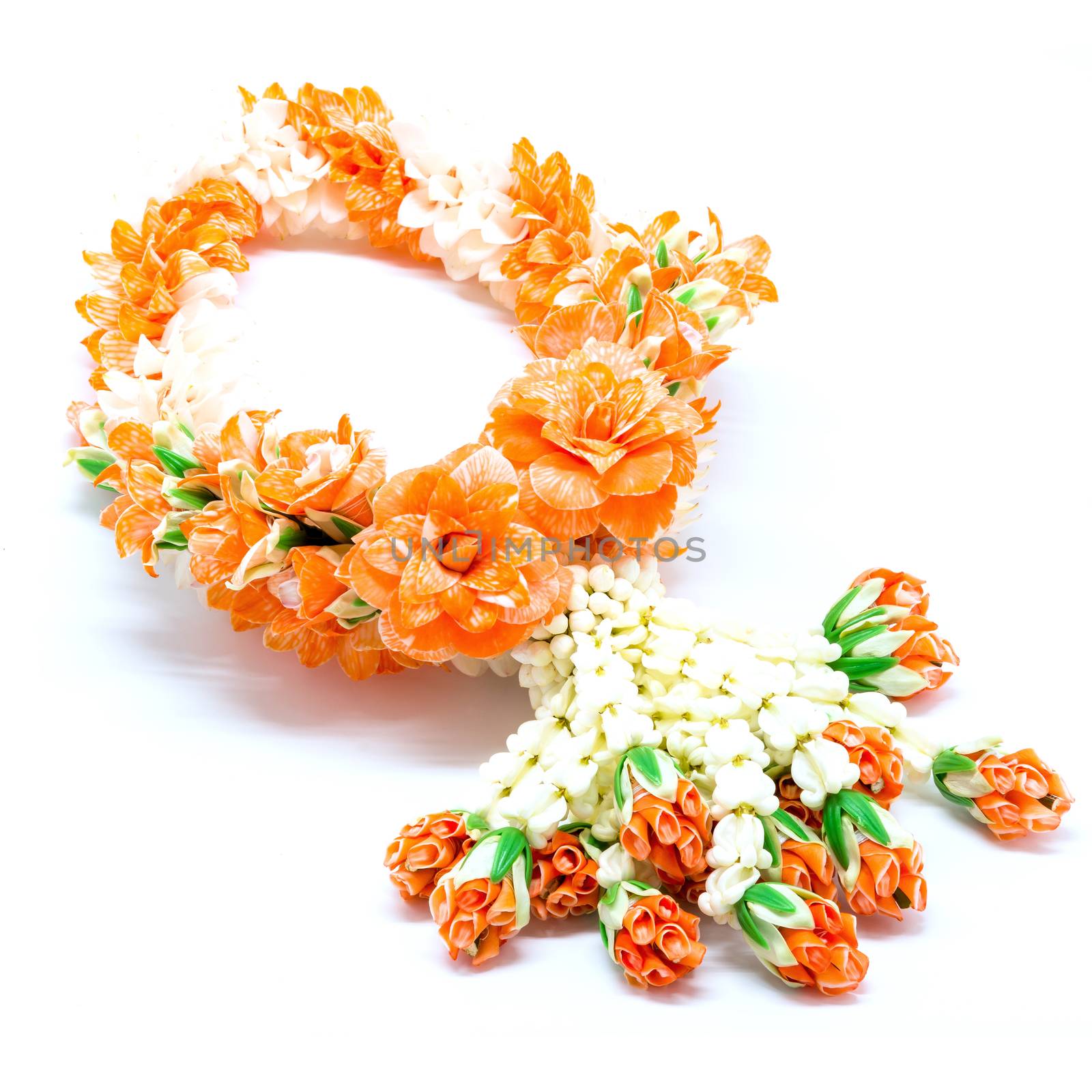 Orange garland flower in Thai style, isolated on white background, used offering to buddha 