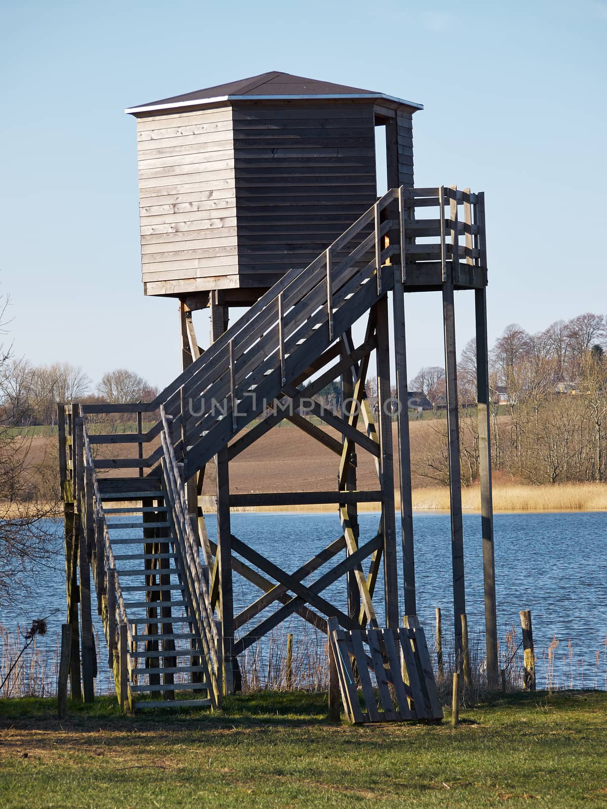 Bird watching birding wildlife observation tower in a nature park    