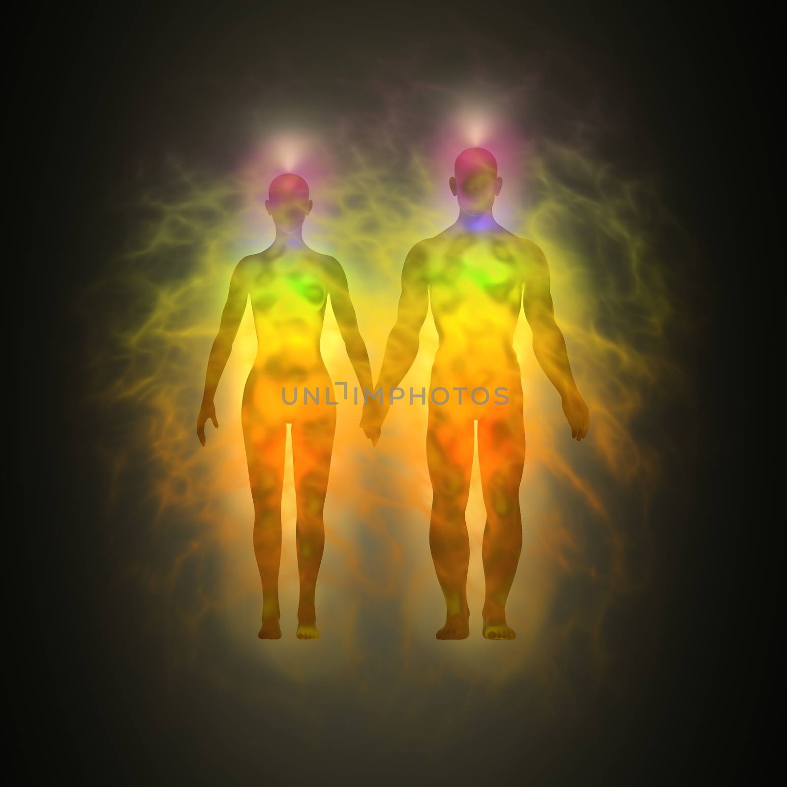 Picture of human aura. Silhouette with aura and chakras. Theme of healing energy, connection between the body and soul.