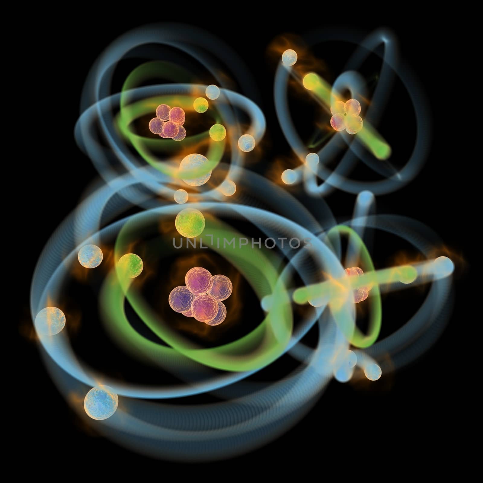 Computer generated 3D picture of planetary model of atom on black
background. There are protons, neutrons and electrons on orbits.
