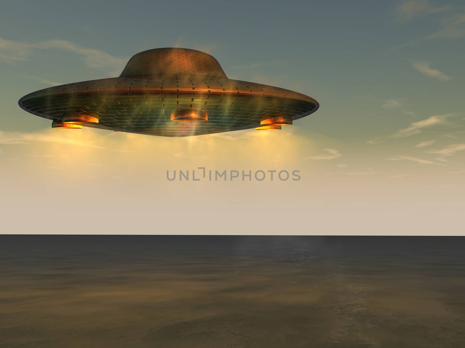 Computer generated 3D illustration of UFO - Unidentified Flying Object on the sky above the sea level. Theme of visit from space, future of technology, scifi. 