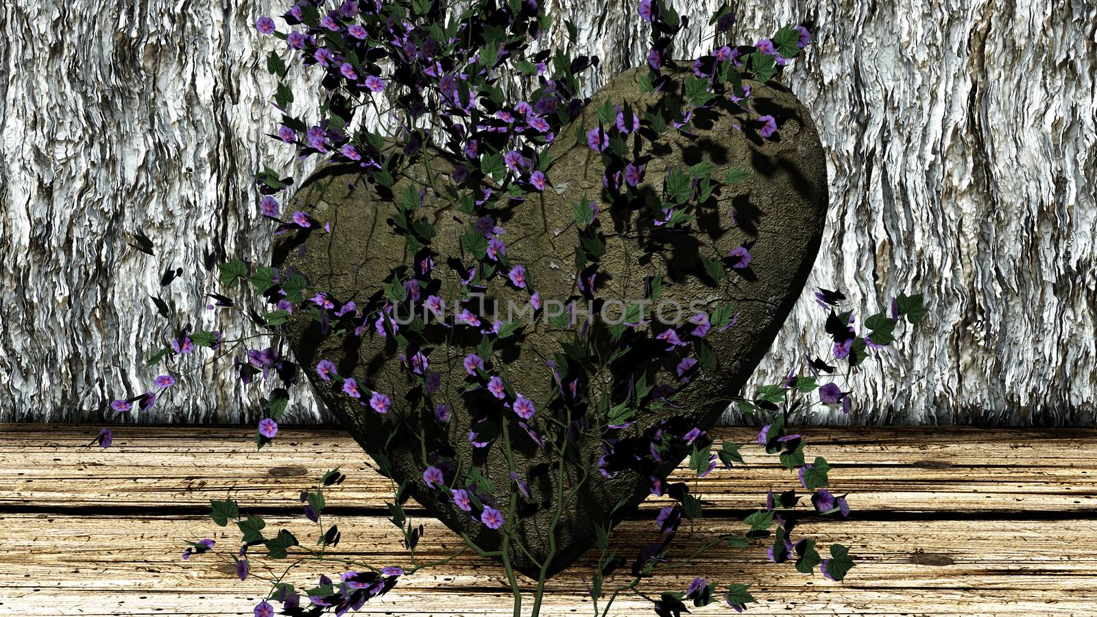 Heart shaped rock over a background made of rocks and plywood