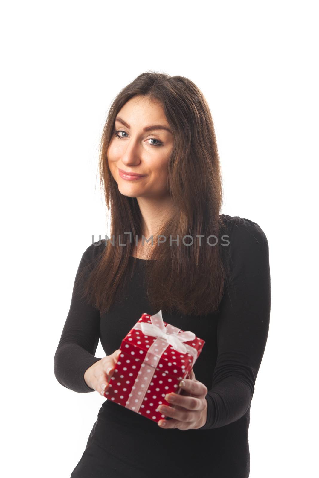 young woman with a gift on white by bernjuer