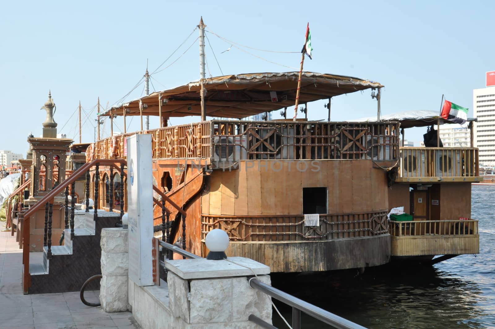 Boats, abras, dhows at Dubai Creek in the UAE. The creek still remains a significant trading hub for goods traded between Iran and The Arabian Peninsula.