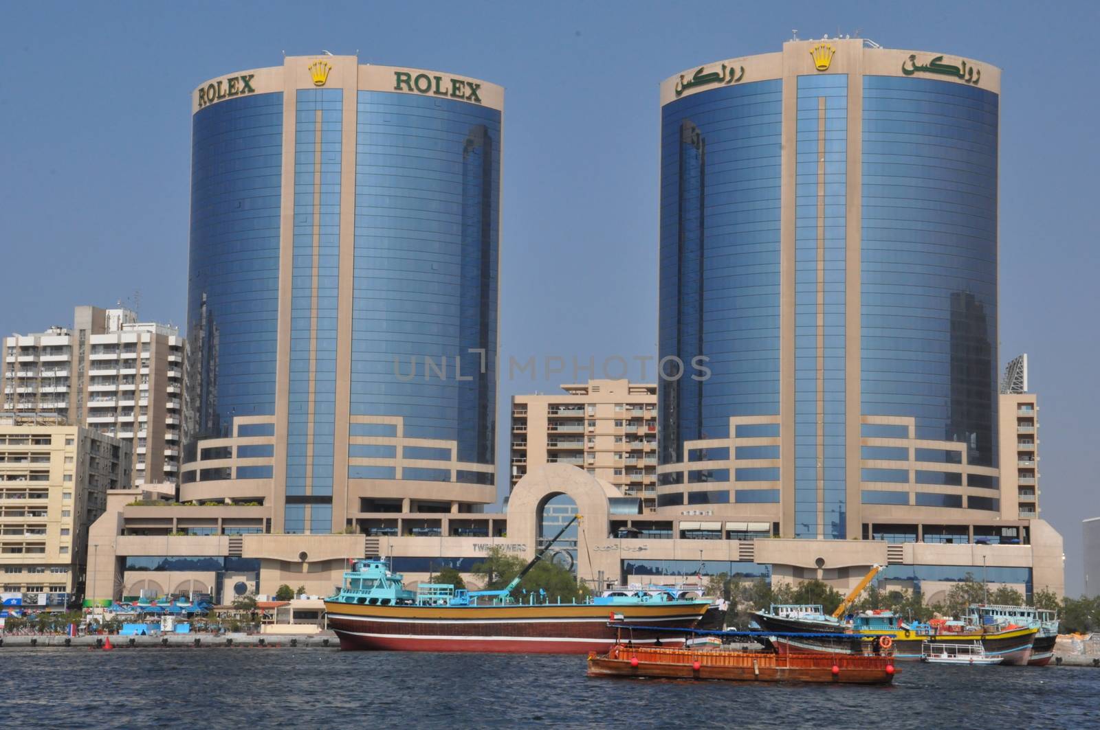 The Twin Towers of Dubai Creek in Dubai, UAE. Also known as Rolex Towers, each building is 102 metres (335 ft) in height and has 22 floors.