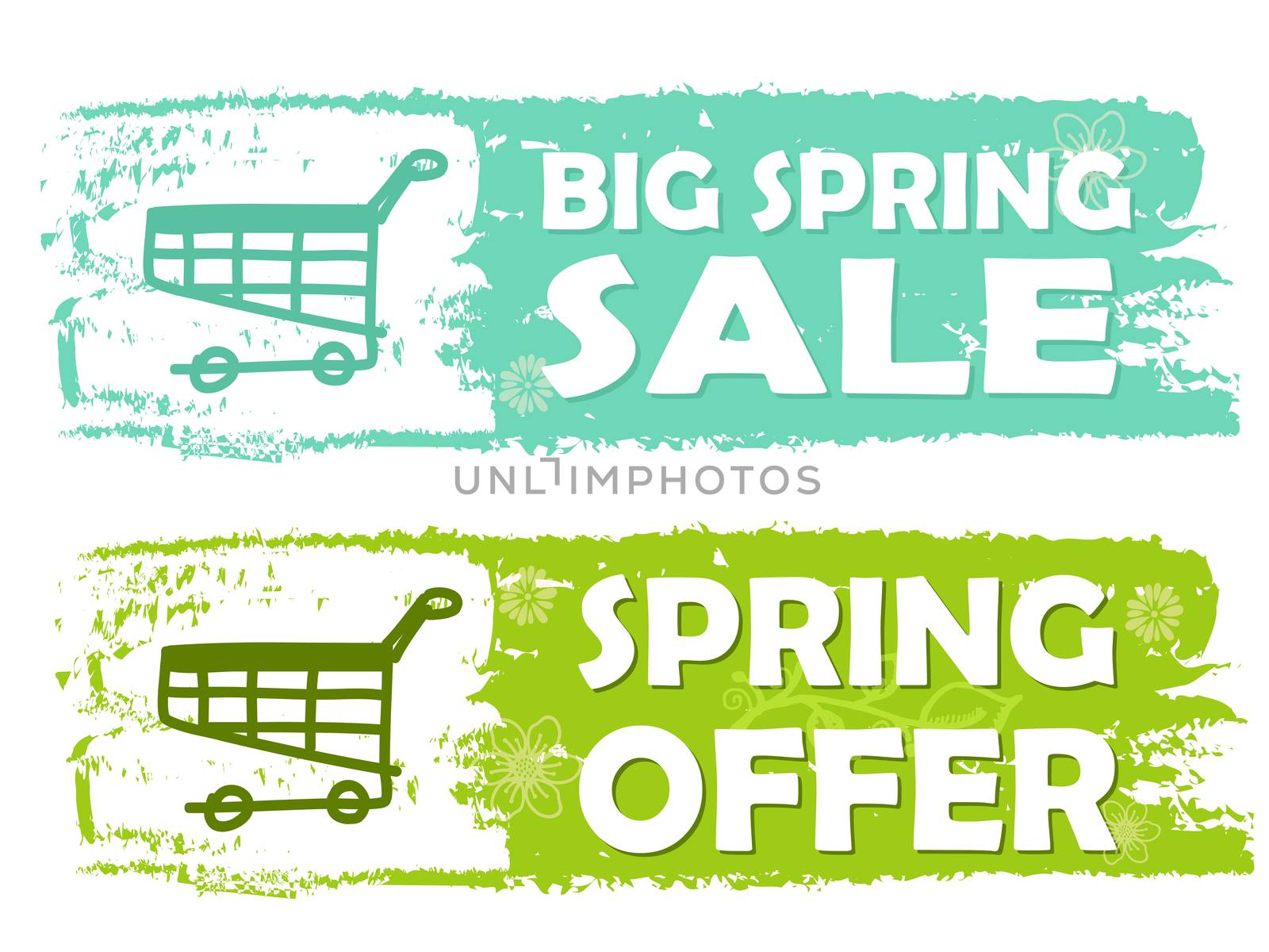 big spring sale and offer with shopping cart signs banners - text and symbols in green drawn labels, business shopping seasonal concept