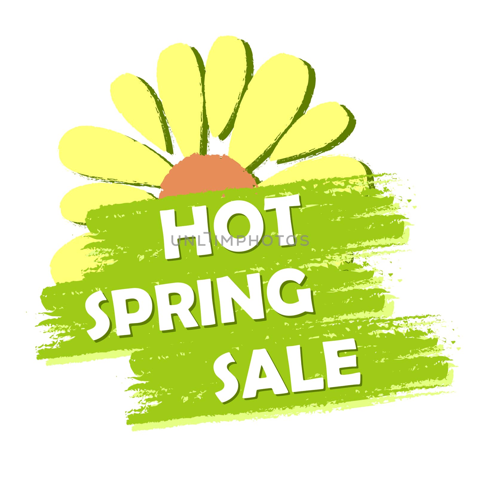 hot spring sale with flower, green drawn label by marinini