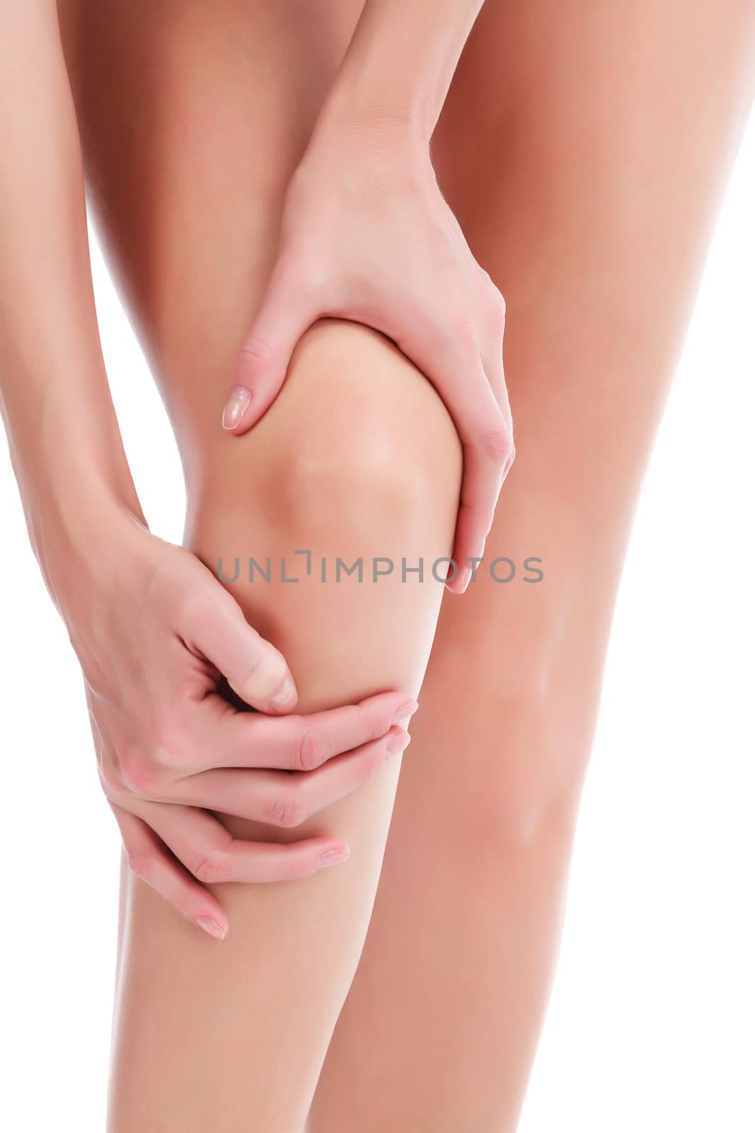 woman with leg injury, isolated on white background, copyspace by Nobilior