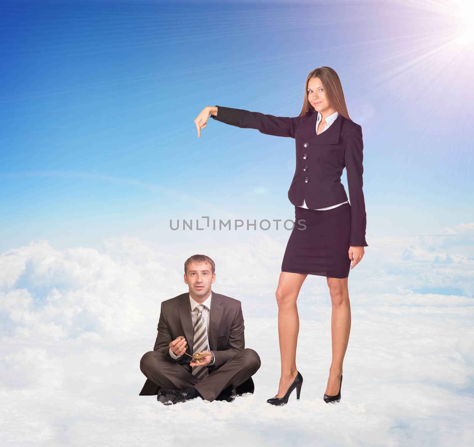 Office Girl Pointing Businessman Sitting on Clouds by cherezoff