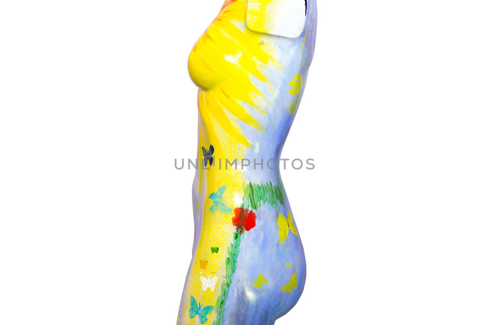 side of an multi colored artistic painted female mannequin torso with clipping path