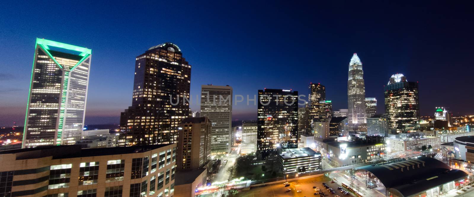 view of charlotte skyline aerial at sunset