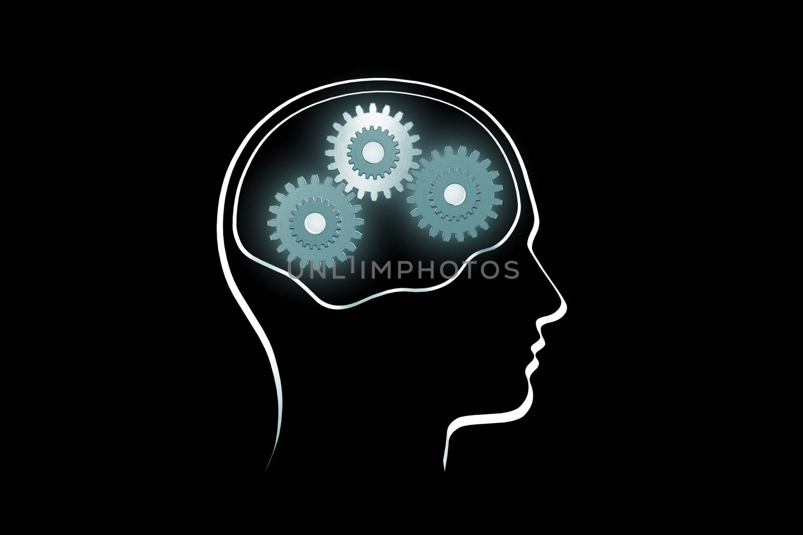 The contour of a human head on a dark background.
Rotate the gears (the symbol of mental work).