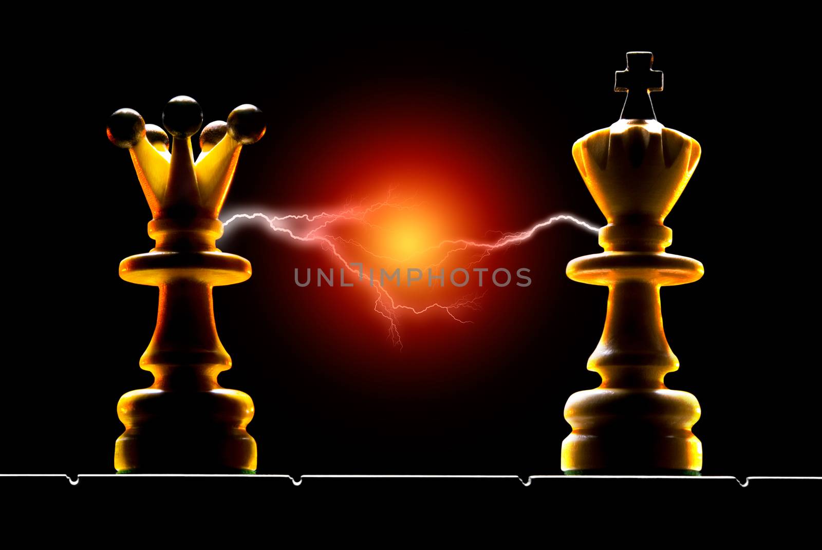 Queen and king on a black background. Art illumination.