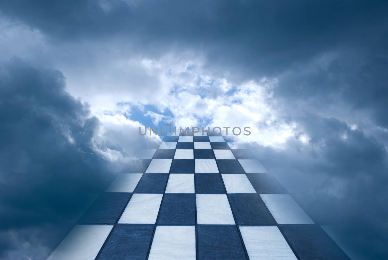 Chess board on a background of the dark blue sky.