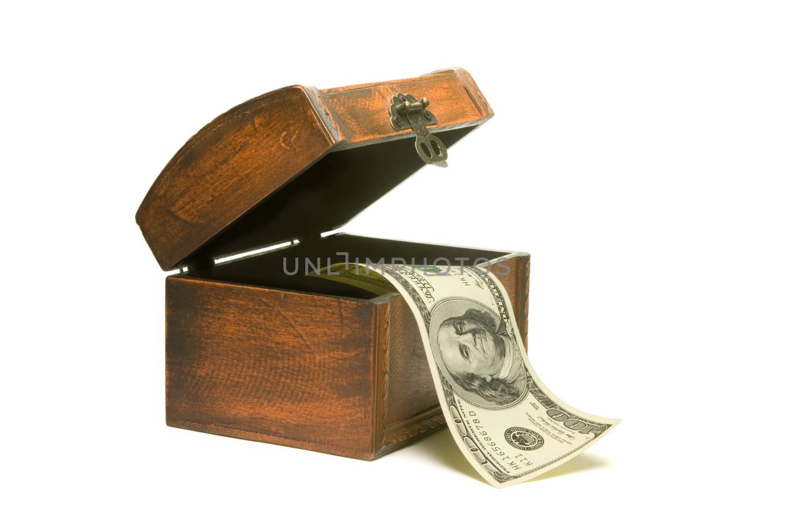 Hundred dollars and wooden chest. Isolated over white.