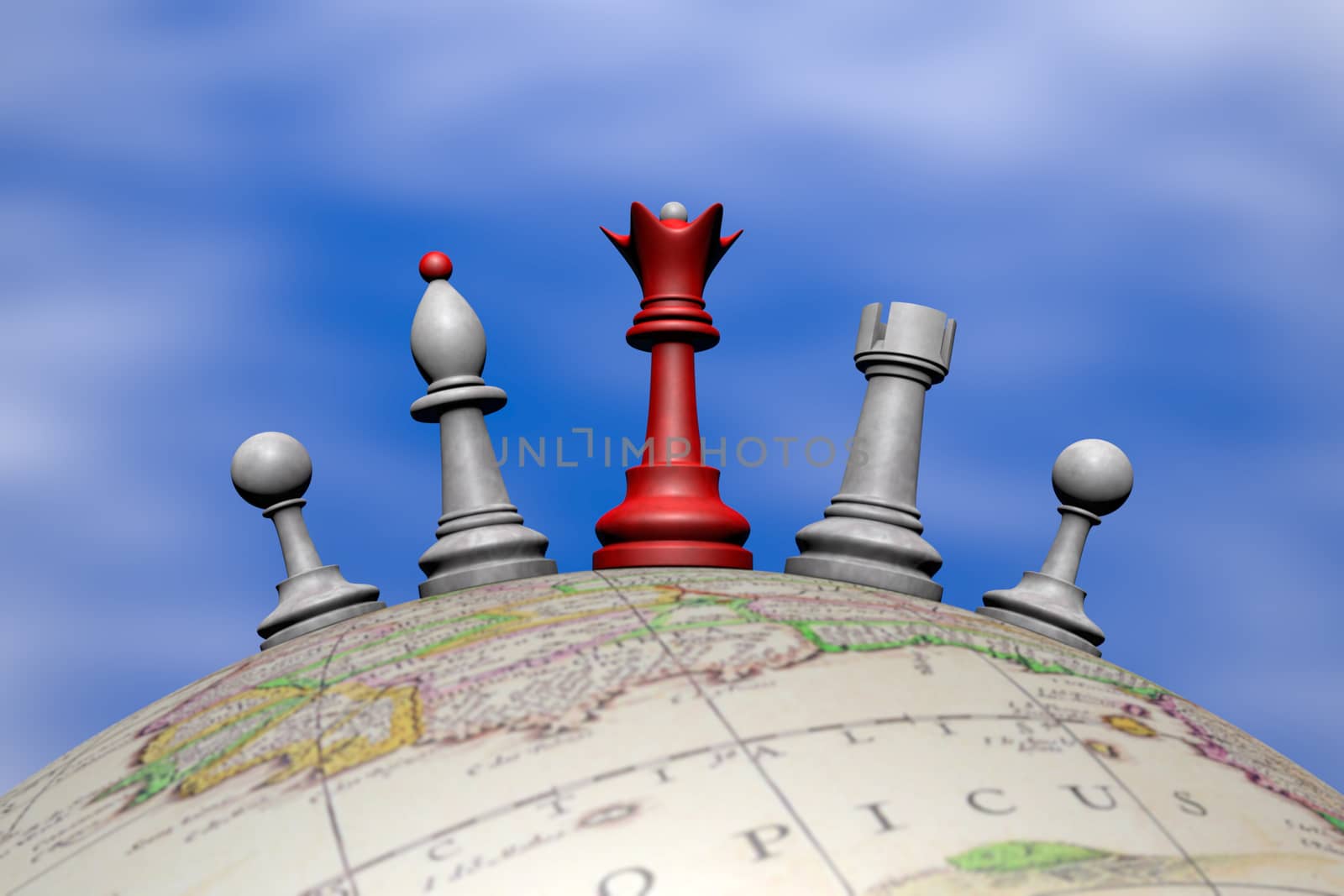 Symbolic frame (temporary peace). Chess pieces on a globe. 