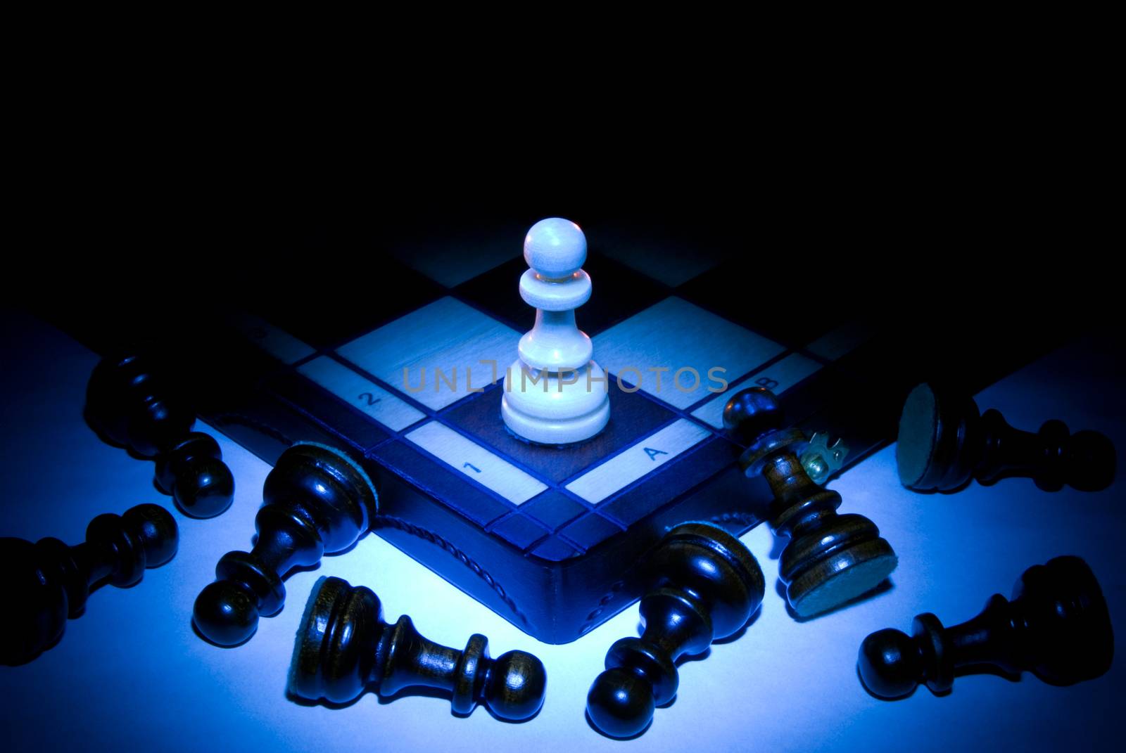 Chess board and pawns. A dark blue art background.