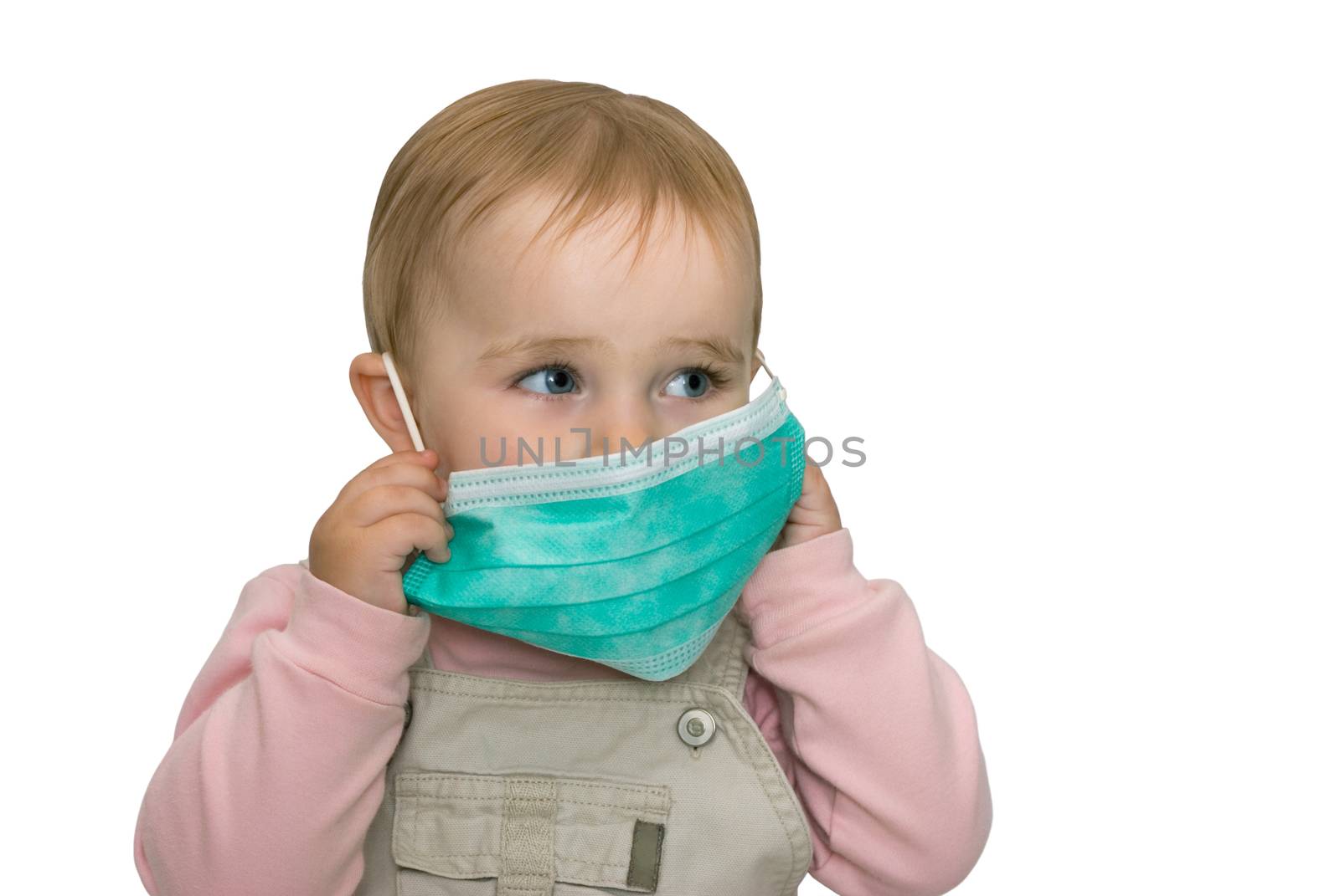 The small child is protected from viruses (on a white background).