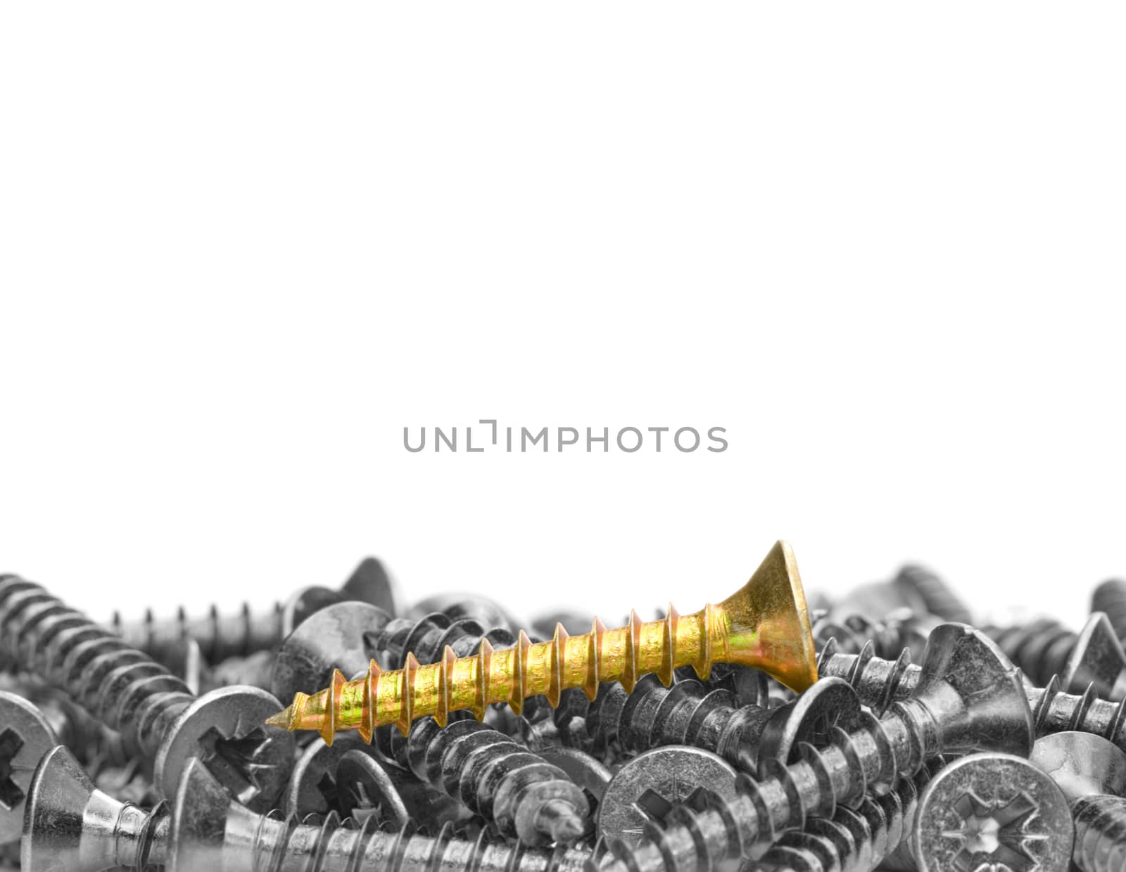 Many black-and-white screws (and one color screw) on a white background.