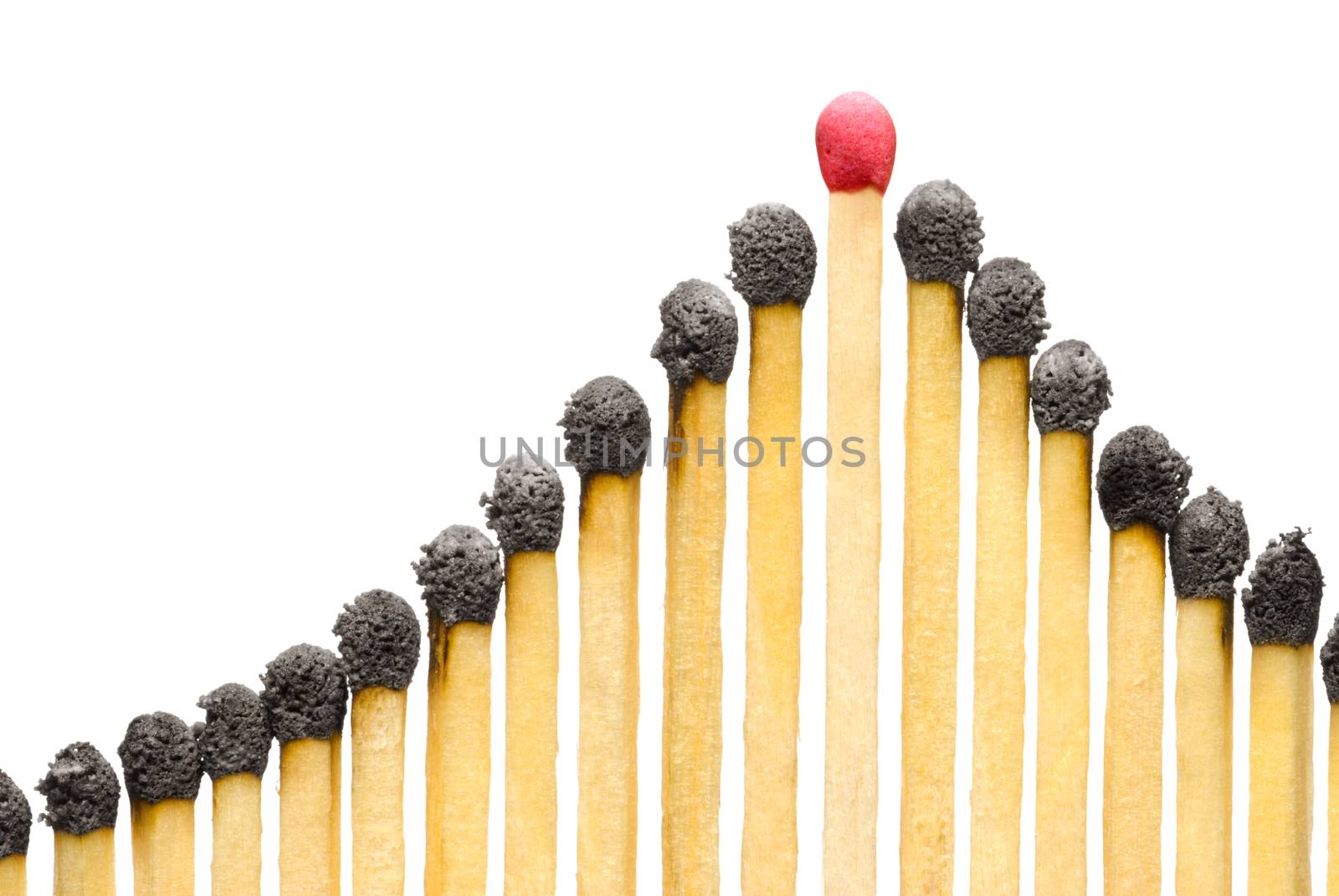 The used matches on a white isolated background (one match the whole).