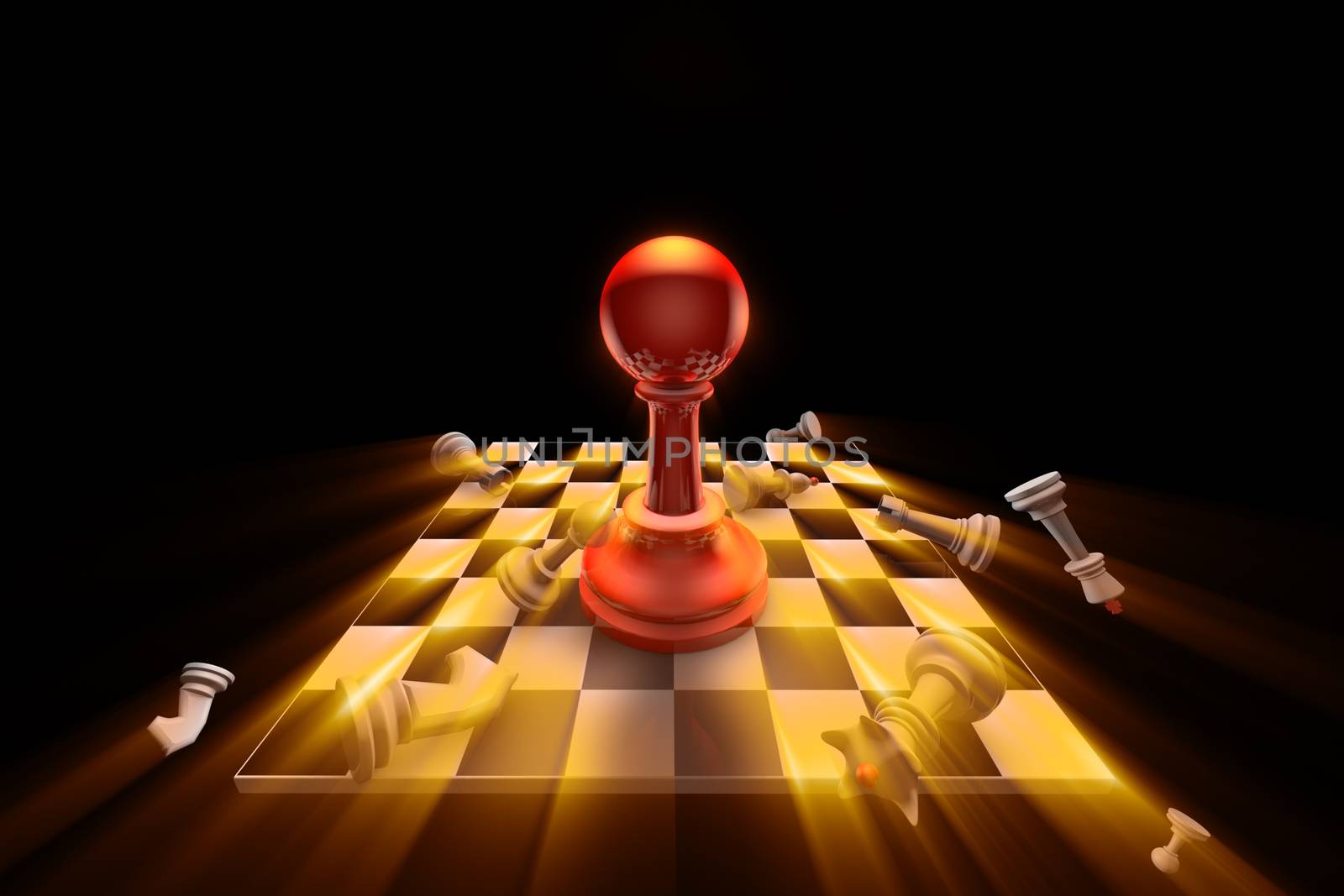 The dramatic art of chess composition. Artistic dark background. Use shine (glow) effects. 3D-image. 