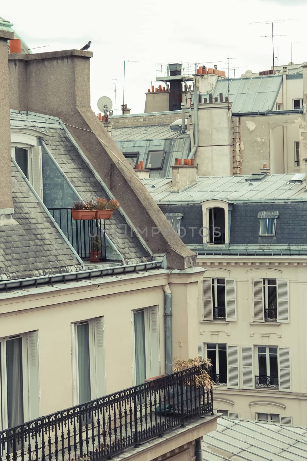 Paris. View of the city roofs. old film toned