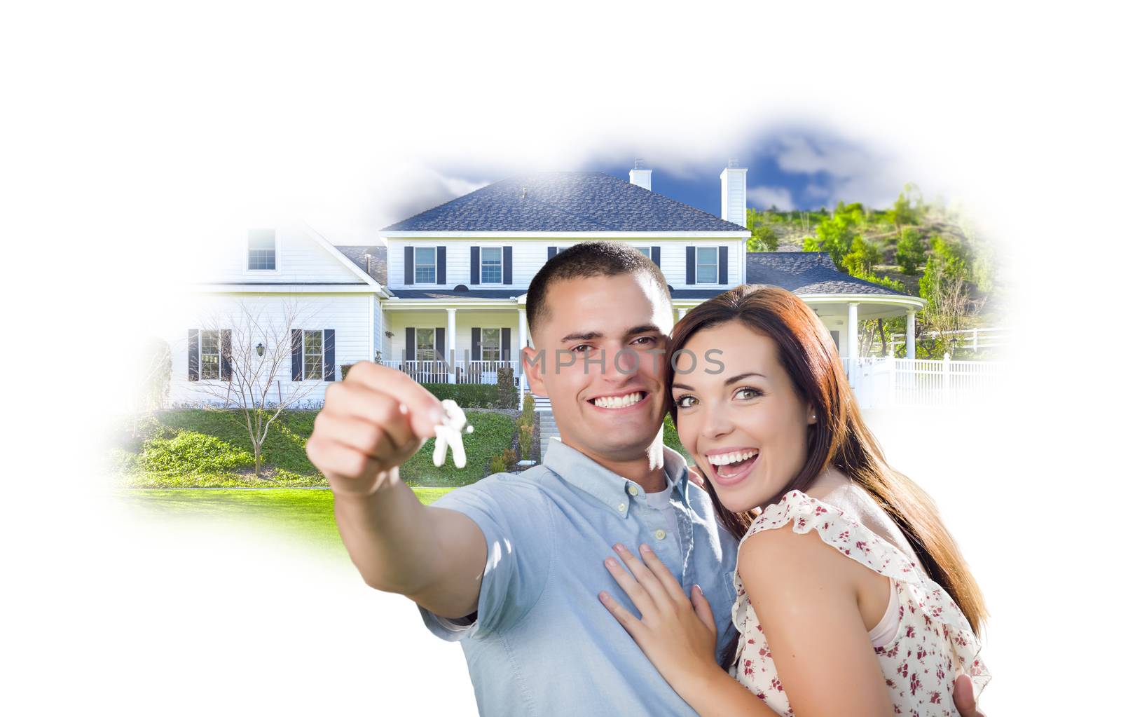 Military Couple with Keys Over House Photo in Cloud on White Background.