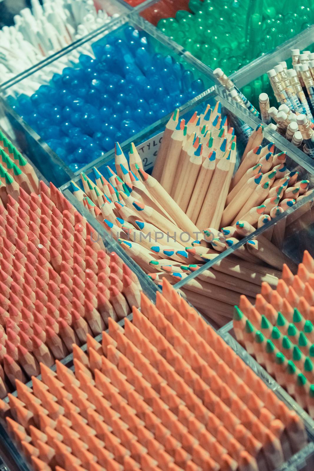 Background of colored pencils for creativity closeup. Instagram style filtred image