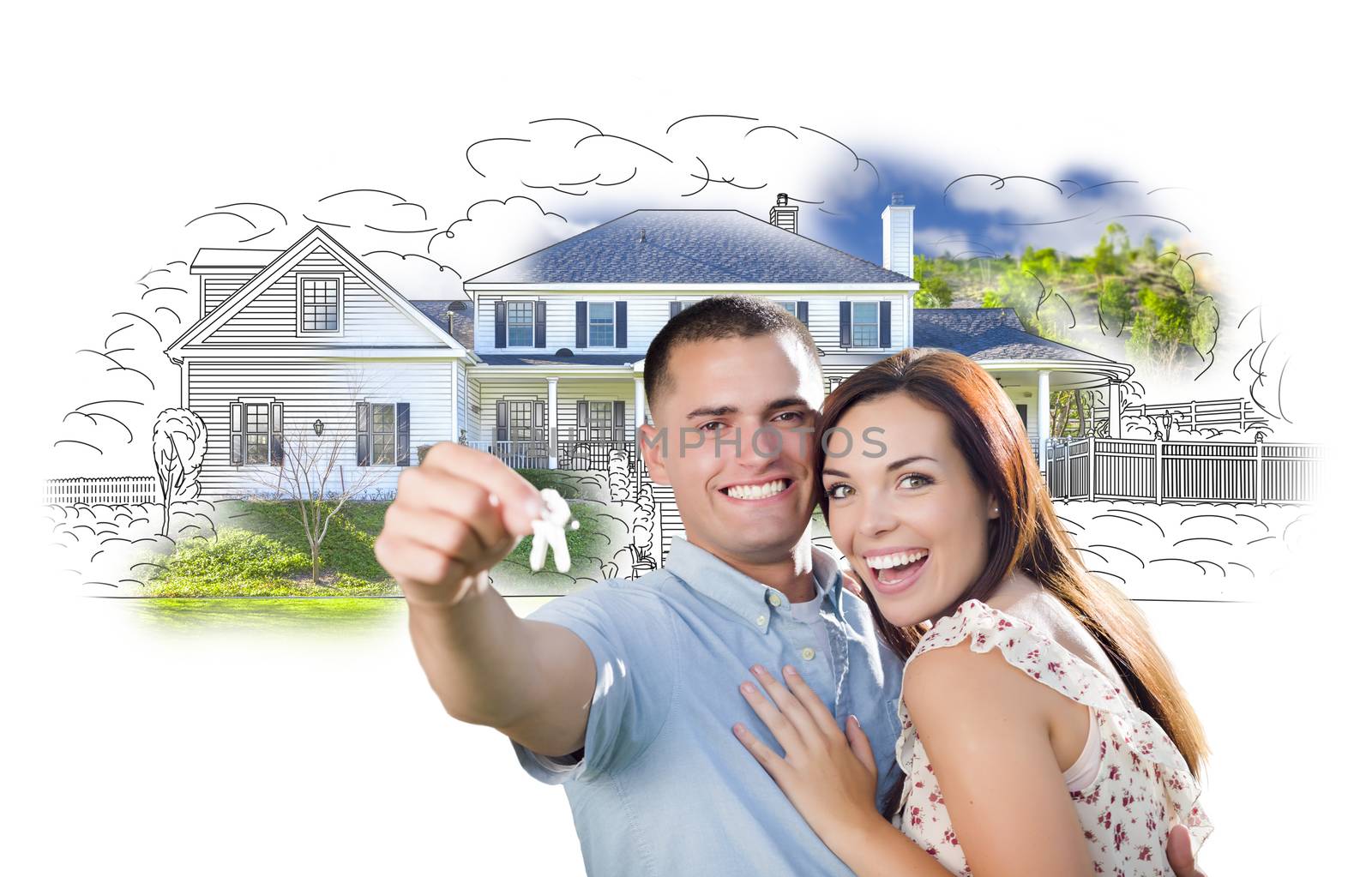 Military Couple with Keys Over House Drawing and Photo Combination on White.