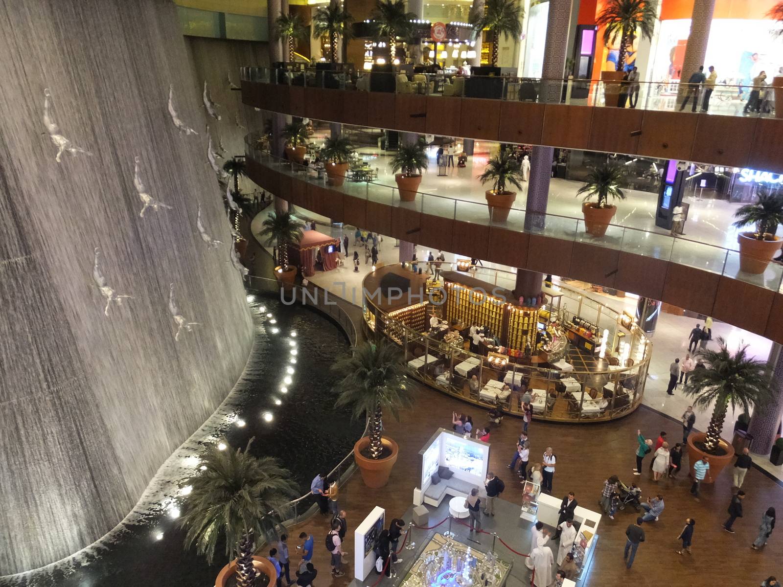 Waterfall at Dubai Mall in Dubai, UAE. The mall is the world's largest shopping mall based on total area and 6th largest by gross leasable area.