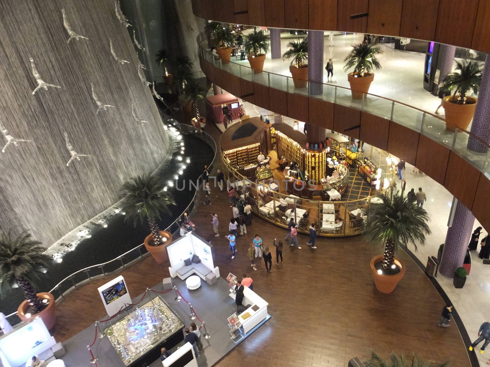 Waterfall at Dubai Mall in Dubai, UAE. The mall is the world's largest shopping mall based on total area and 6th largest by gross leasable area.