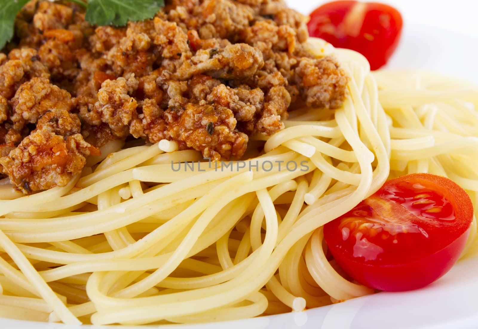 Spaghetty bolognes on white plate