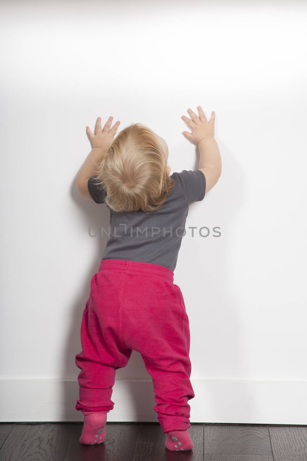 one year age blonde lovely cute caucasian white baby grey shirt pink trousers and shocks standing indoor on brown floor against white wall looking up copy space