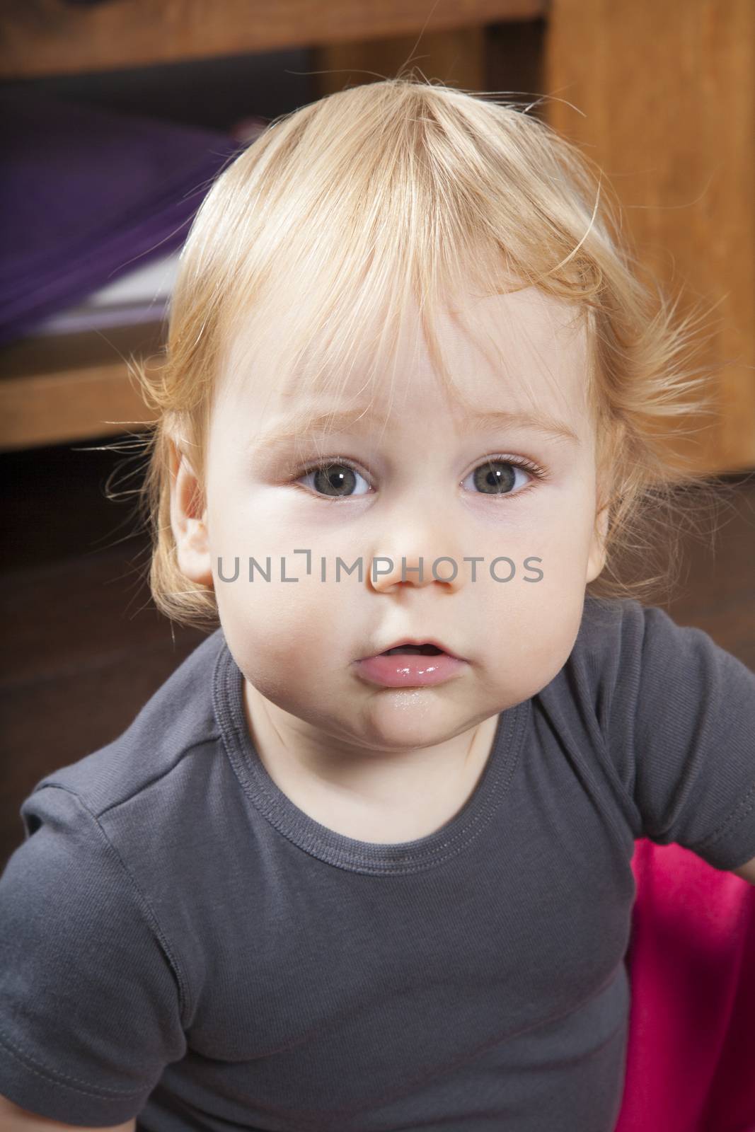 portrait of one year age blonde lovely cute caucasian white baby grey shirt pink trousers looking at camera face indoors