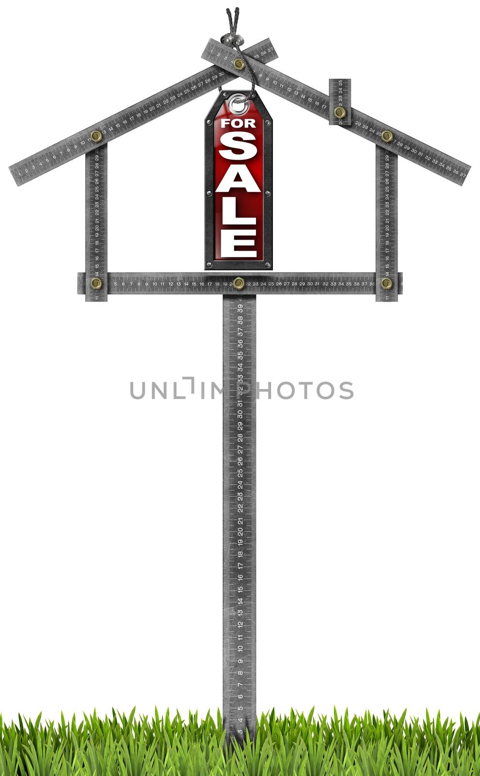 Grey metallic meter ruler in the shape of house and label with text for sale. For sale real estate sign isolated on white background with green grass