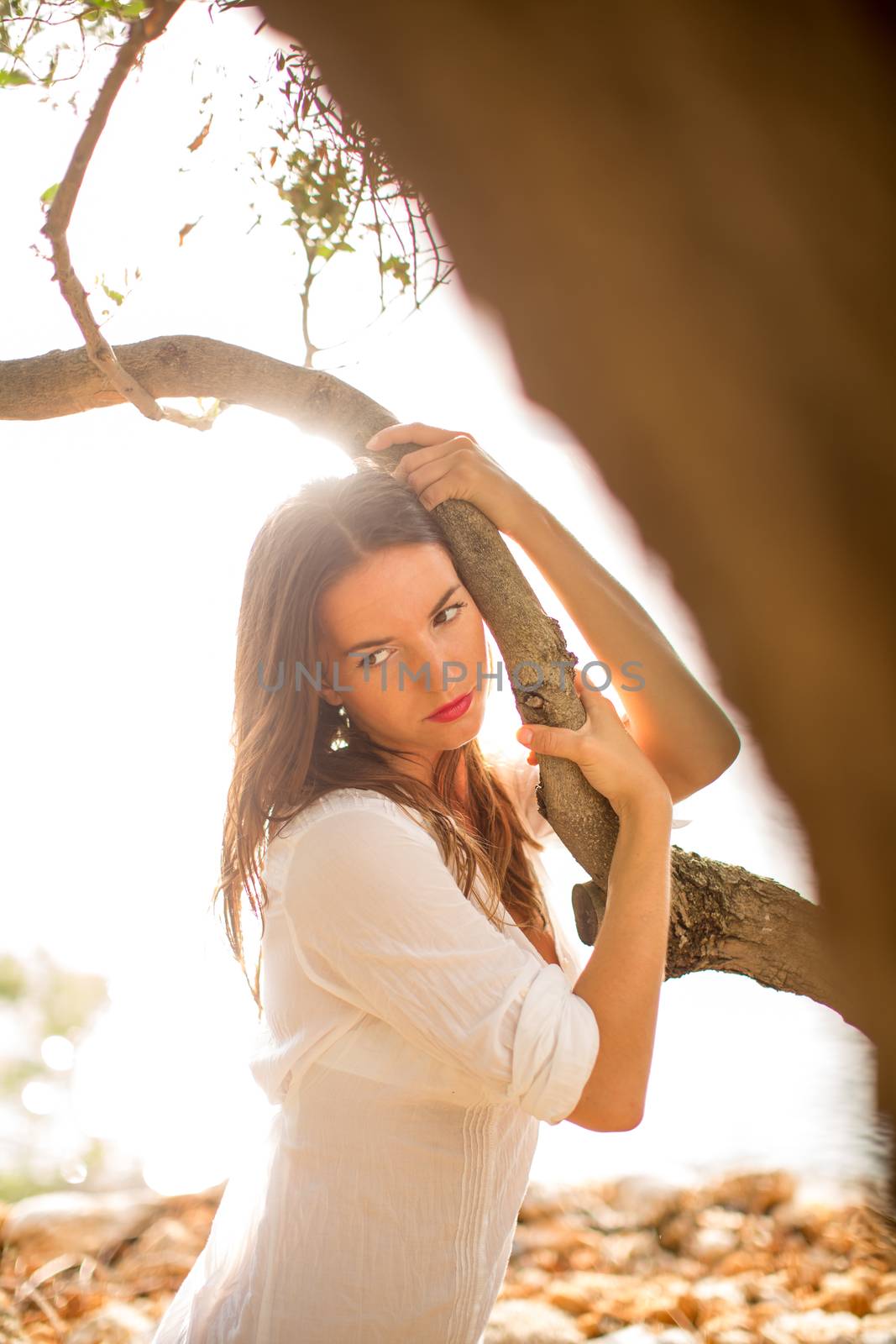 Attractive, young brunette on the beach, amid olive trees, looking both sensual and natural