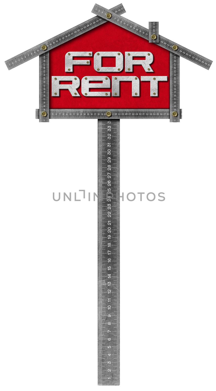 Grey metallic meter ruler in the shape of house with text for rent. For rent real estate sign isolated on white background