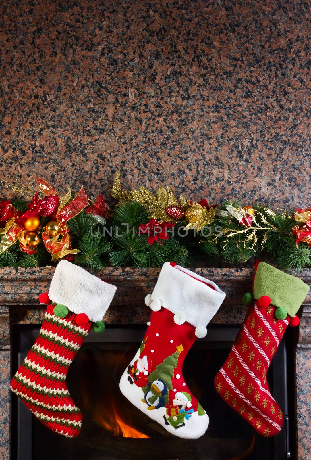 Christmas stocking on fireplace background