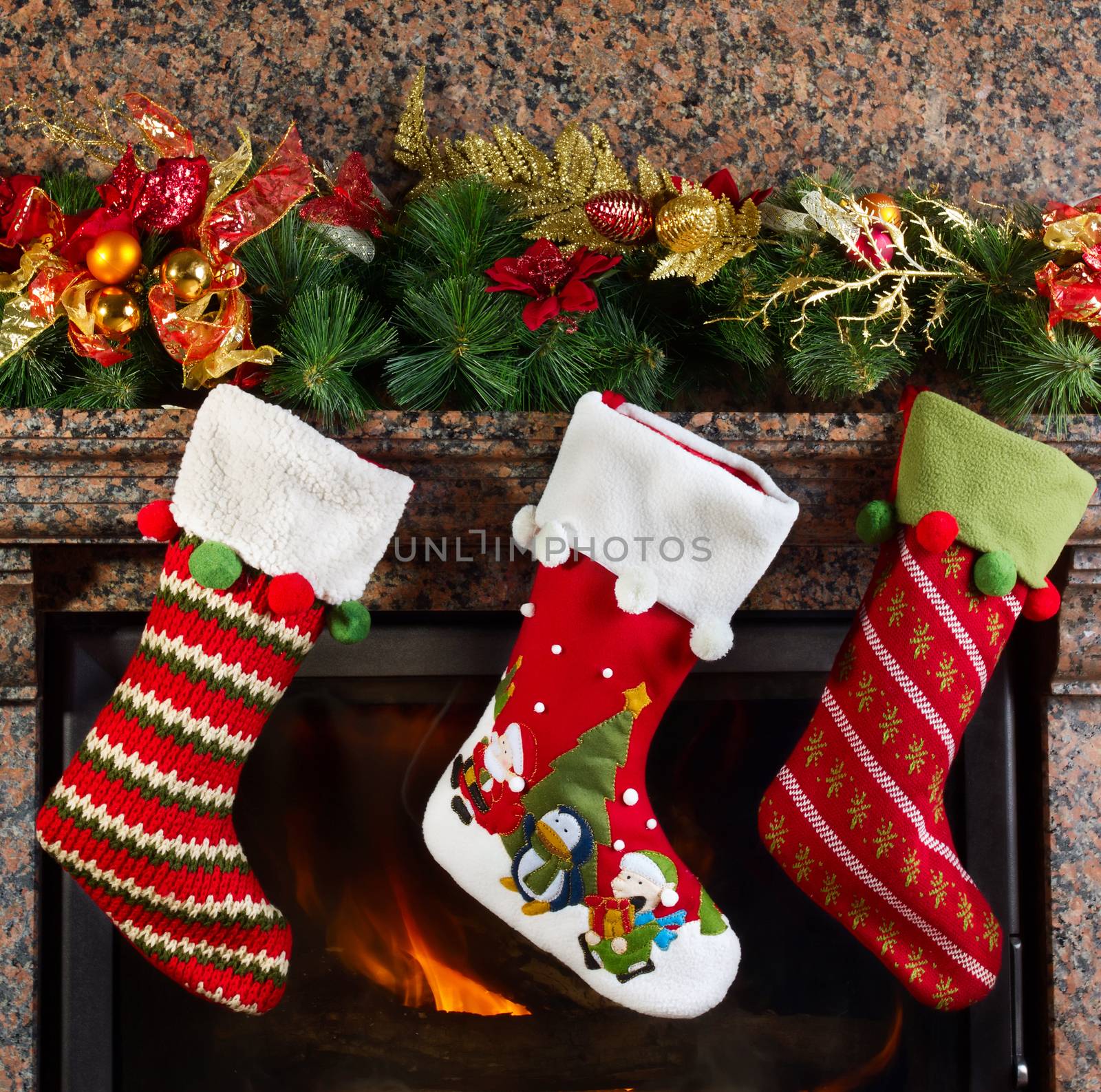 Christmas stocking on fireplace background