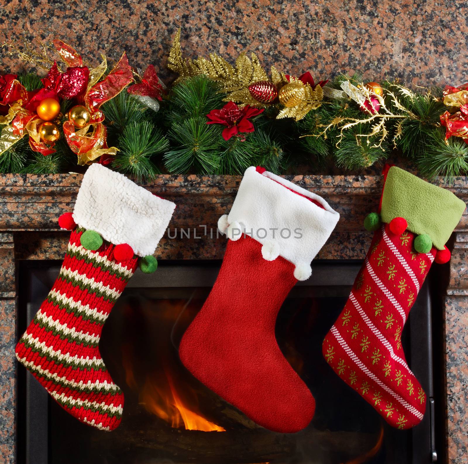 Christmas stocking on fireplace background