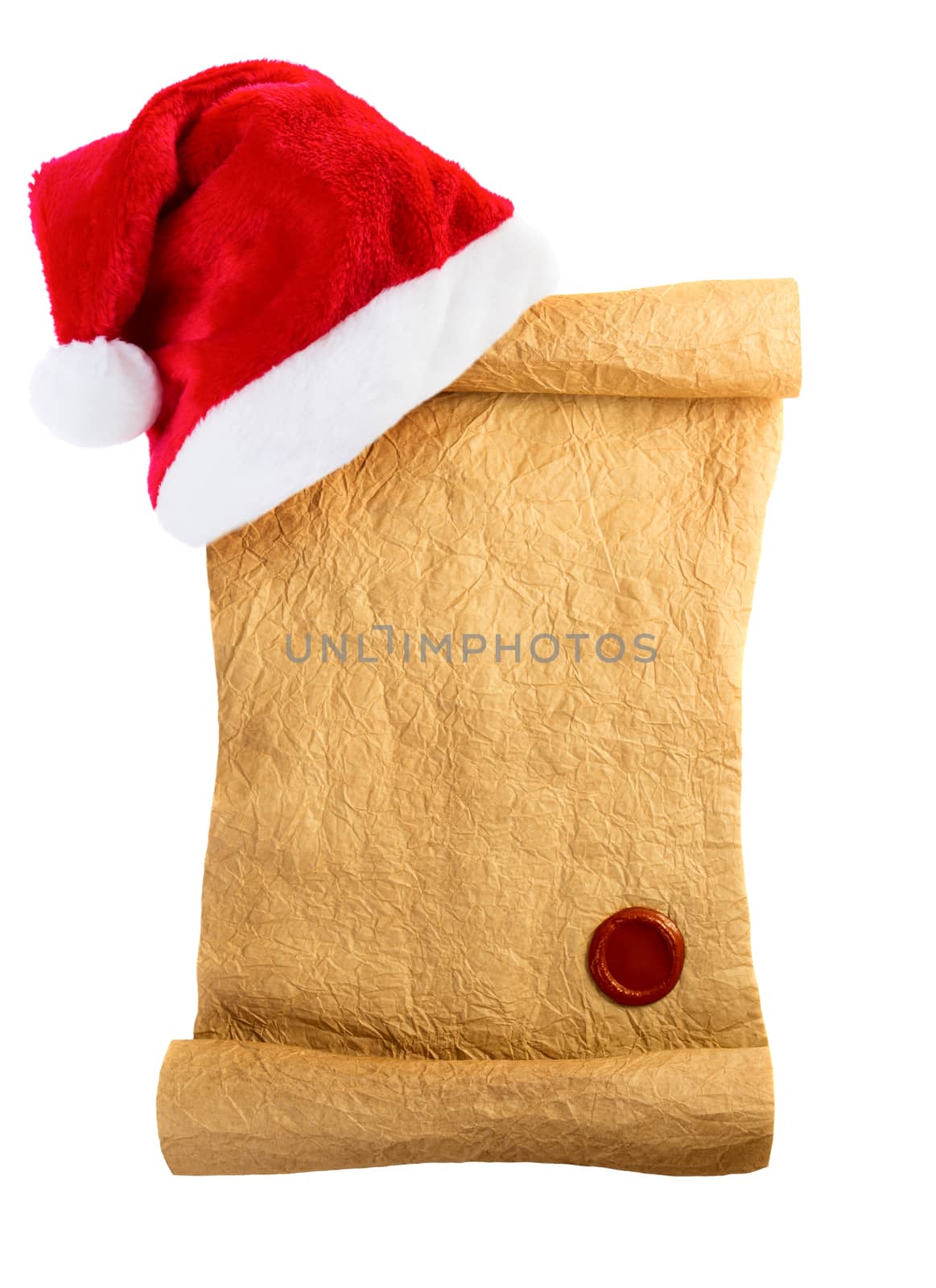 Letter for Santa with christmas hat isolated on white background