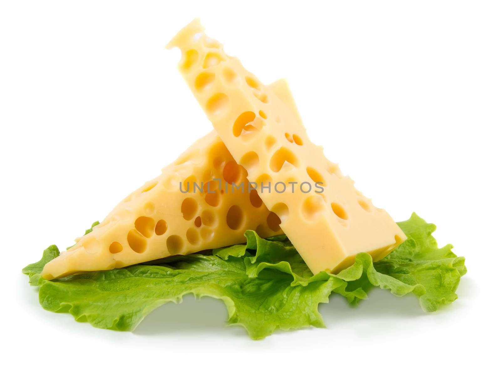 Cheese with green herb isolated on white background