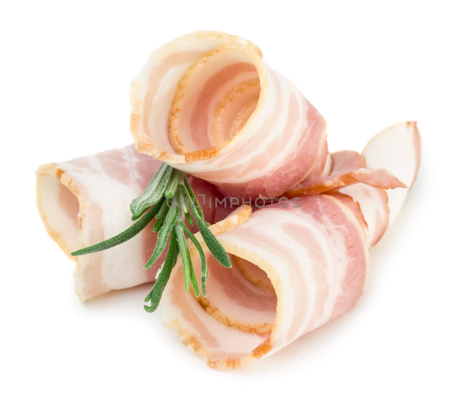 Bacon rolls with rosemary isolated on white background