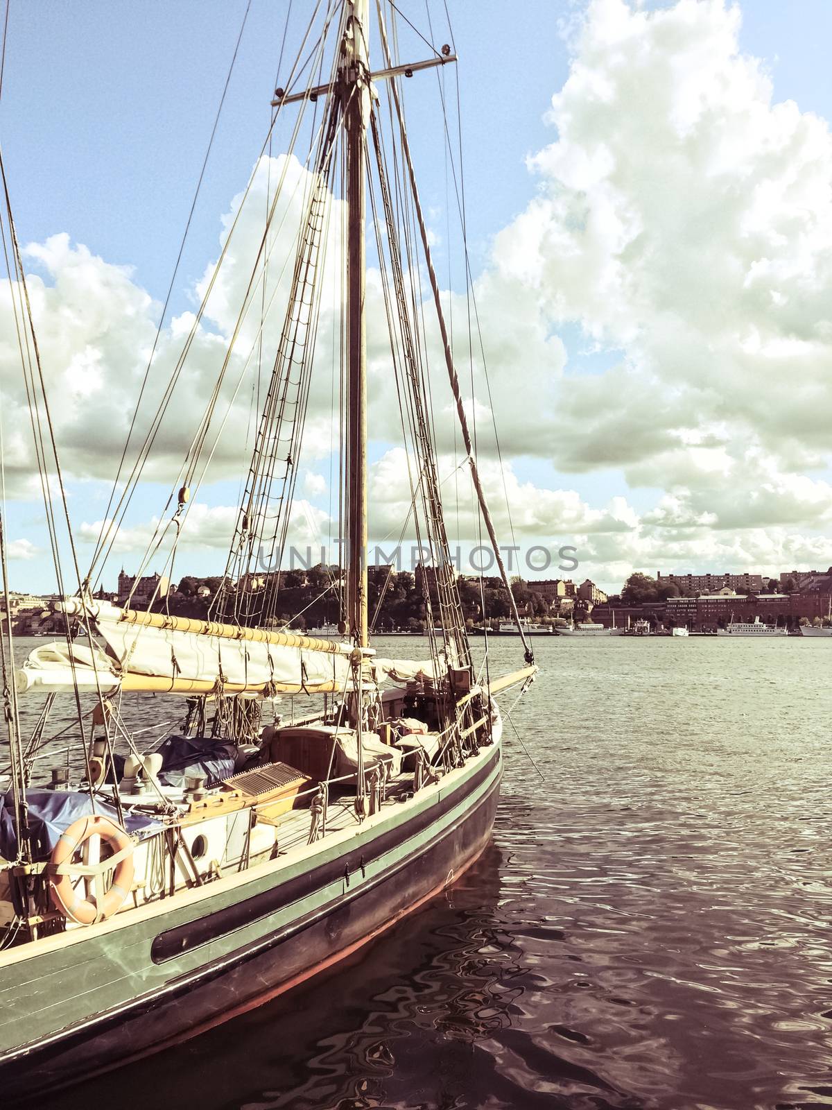 Sailboat near Stockholm, Sweden. Retro styled image.