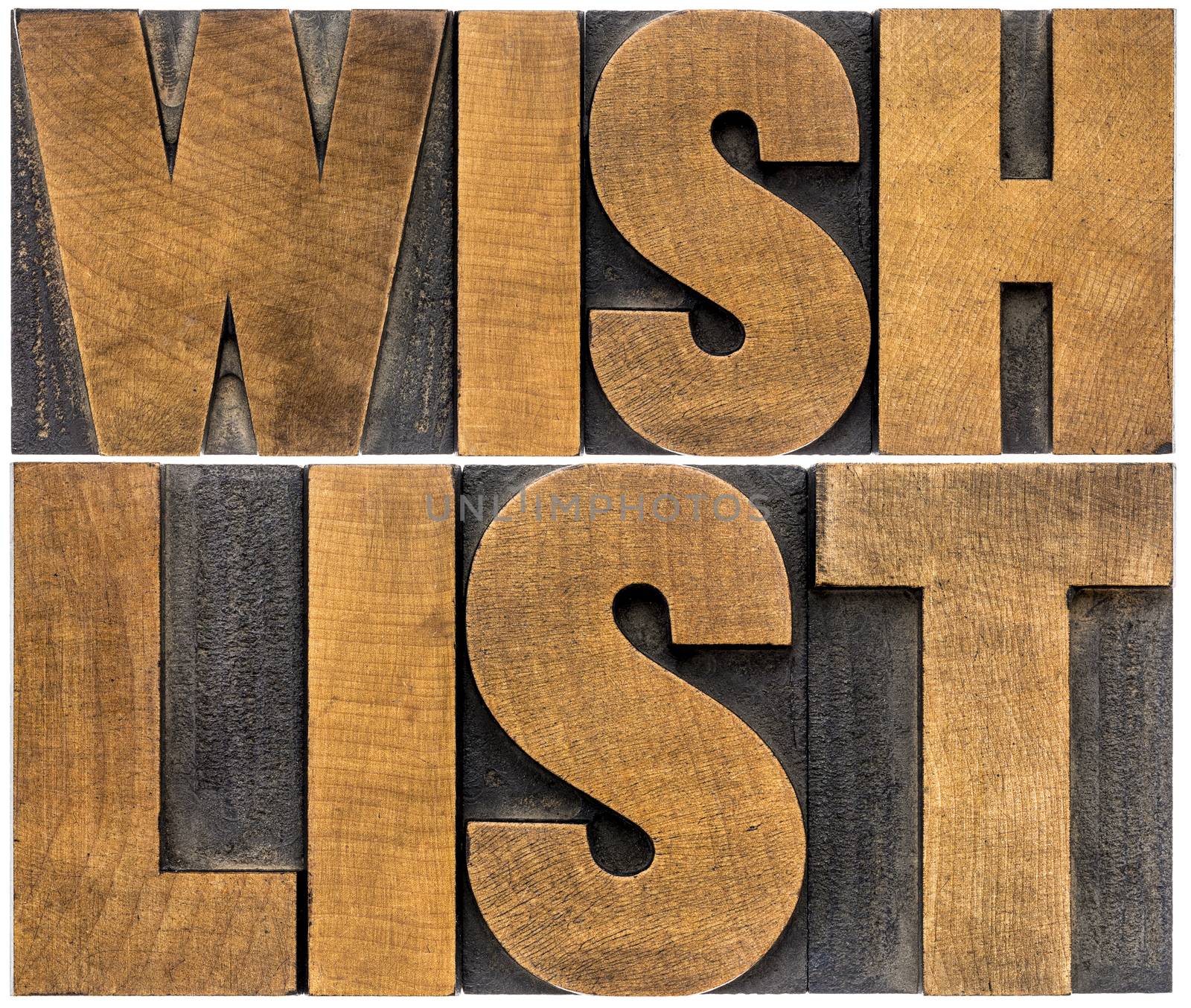 wish list word abstract typography - isolated text in letterpress wood type
