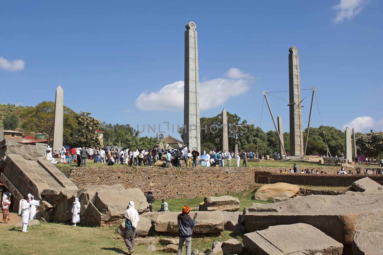 AXUM, ETHIOPIA - NOVEMBER 30, 2014: People visiting the ancient steles of Axum during the Hidar Zion Ceremony on November 30, 2014 in Ethiopia, Africa